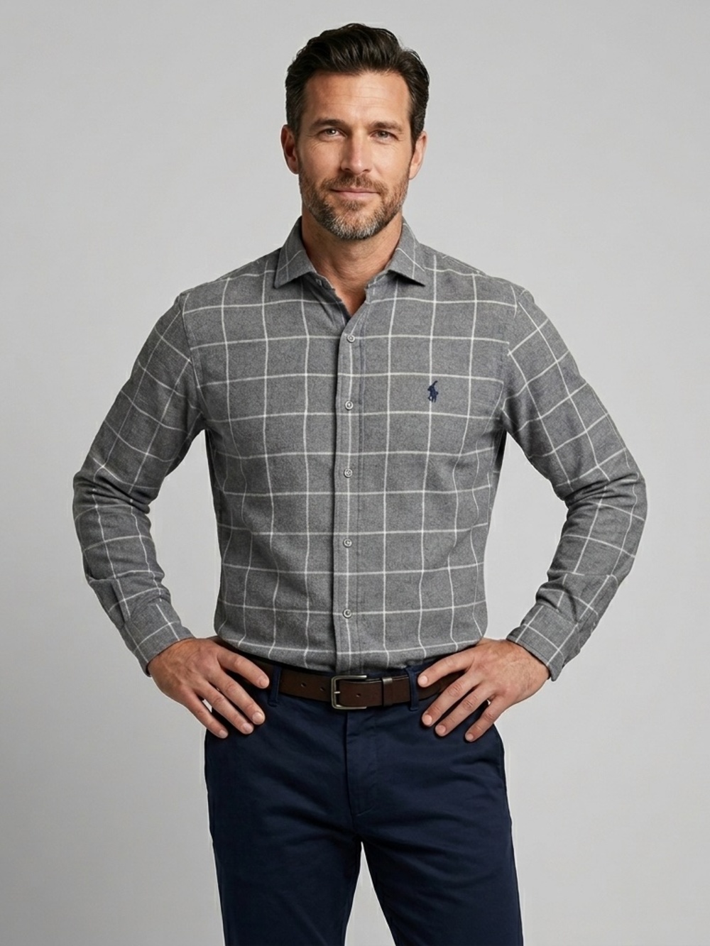 Ralph Lauren Men's Plaid Cotton Shirt Classic Fit Gray/White Long Sleeve Size XL